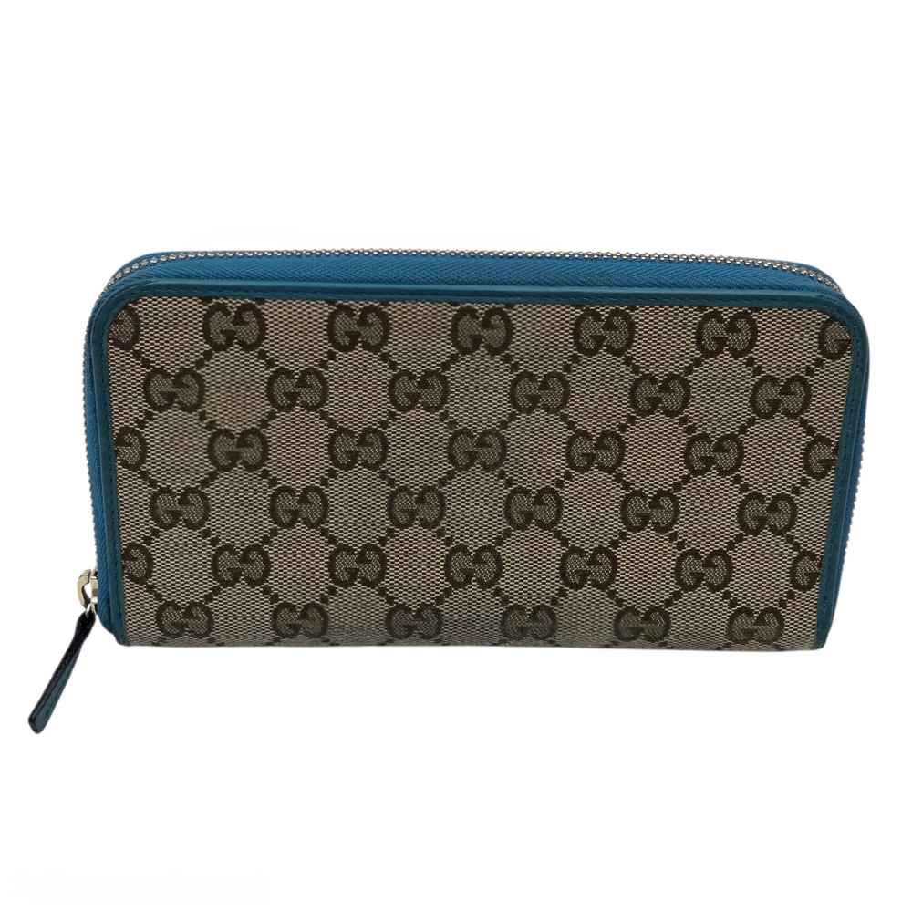 Gucci Beige Monogram Canvas With Blue/Teal Leather Zippered Long Wallet
